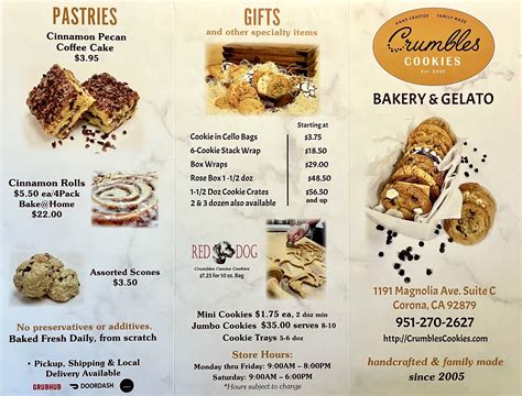 Cookie crumble menu - Our weekly rotating cookie menu offers unique flavors you won’t get anywhere else. Come in and experience the best cookie shop in Lodi. Made fresh daily and ready for takeout, delivery or pick-up. Find a Crumbl. Crumbl Lodi. Start your order. Delivery Carry-out. Address: 2624 W Kettleman Ln Ste 150 Lodi, California 95242.
